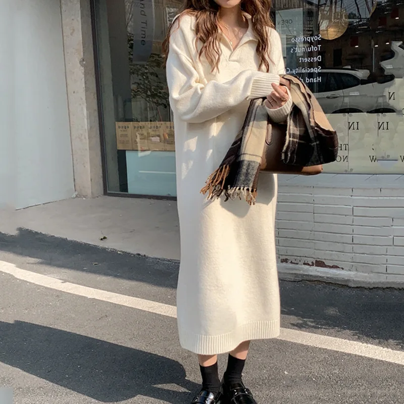 

Повседневное плотное теплое свободное платье-свитер, женское осенне-зимнее однотонное длинное вязаное платье с отворотом и длинным рукаво...