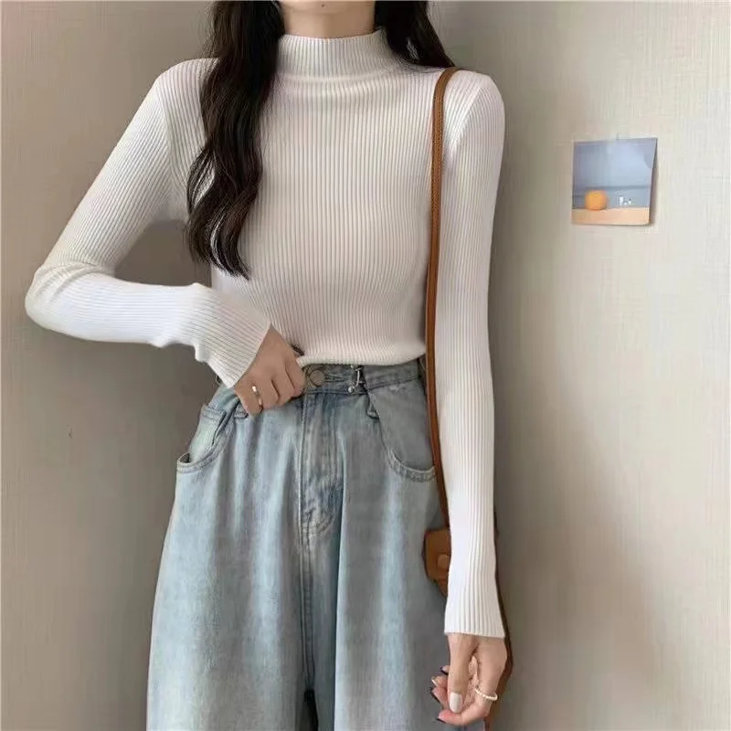 

2022 Autumn And Winter New Women's Half Turtleneck Solid Color Wweater All-match Bottoming Slim Knitted Long-sleeved Top