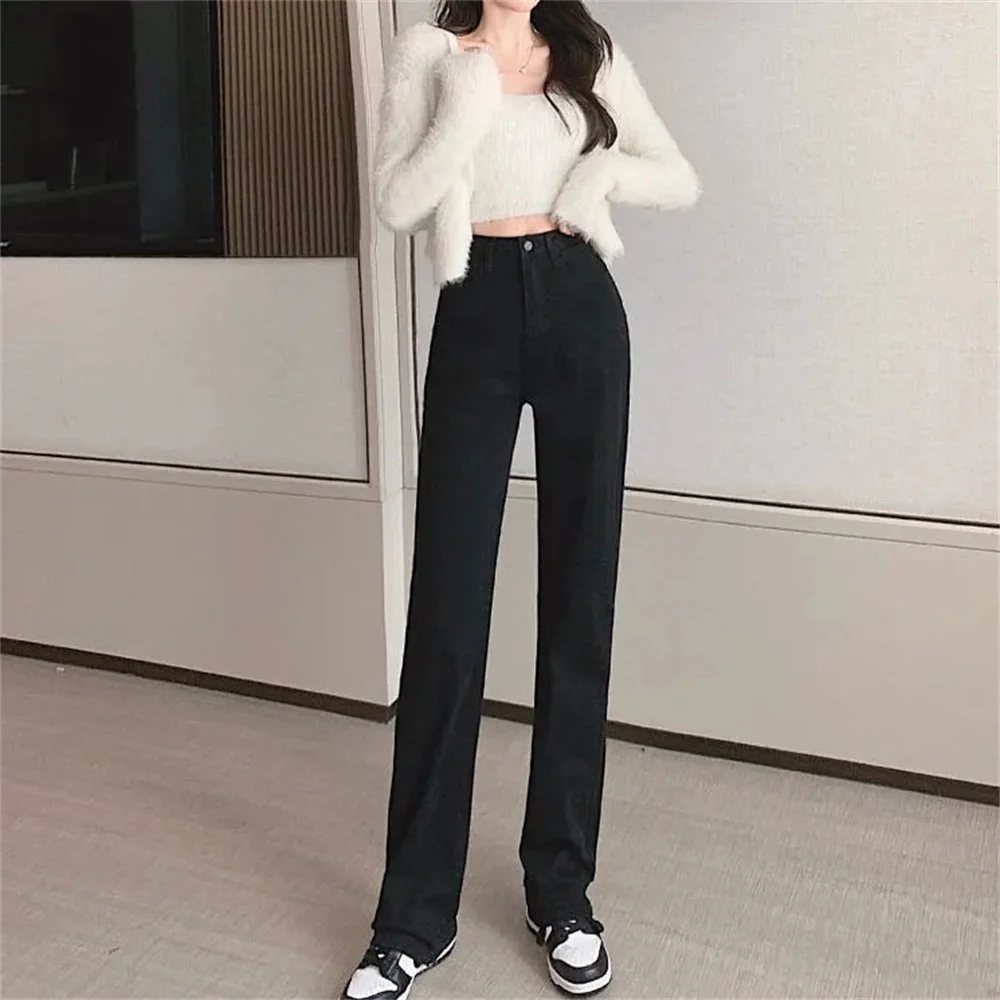 Black Blue 2023 High Waist Slim Thin Women Jeans Spring Autumn Purity Vintage Loose Straight Drag Casual Denim Pants