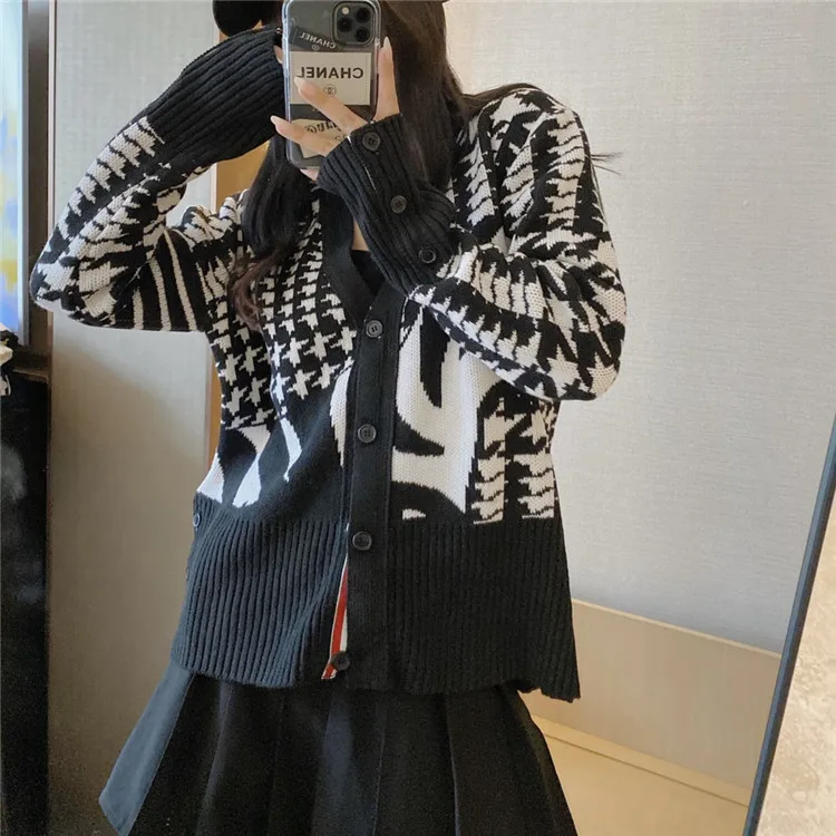 Spring new net red tide brand TB color matching striped zebra pattern sweater knitted cardigan women's all-match thin