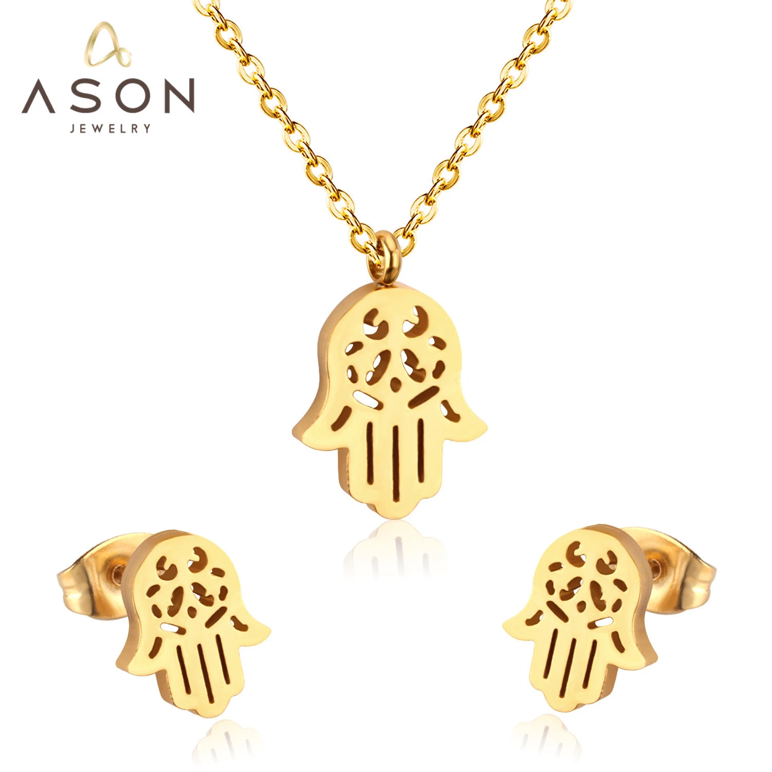 

ASONSTEEL Stainless Steel Gold Color Jewelry Sets Hand Shape Pendant Necklace Earrings Jewelry Sets for Women Girl Party Girls