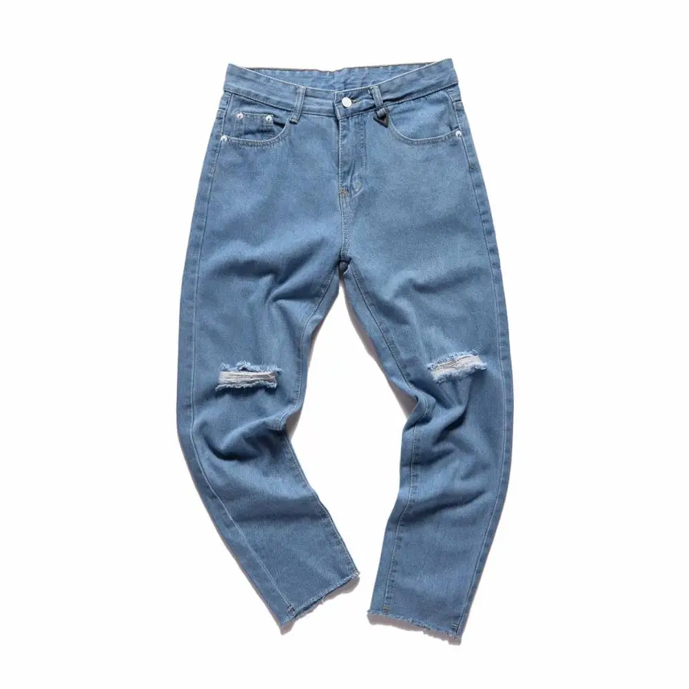Top Quality 2022 Fashion Teenager Casual Men's Knee Hole Design Light Blue Hip Hop Leisure Ankle Length Jeans Men Erkek Pantolon