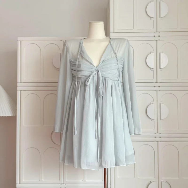 Kubiliv Mint Sea Mist во французском стиле ретро плиссированное шифоновое белое платье с