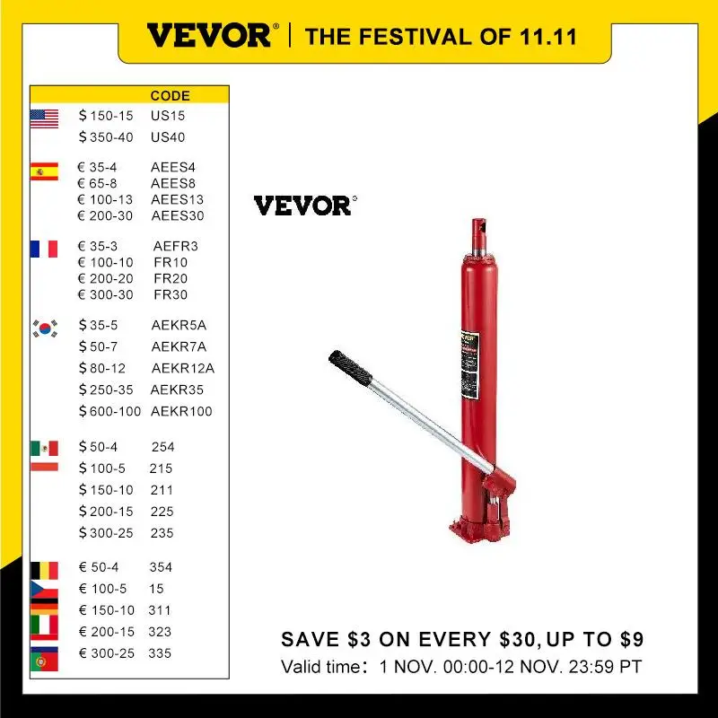 

VEVOR Hydraulic Jack 3 /4/8/12 Ton Car Hydraulic Long Ram Jack Manual Engine Lift Hoist Cherry Picker Mechanical Workshop Tool