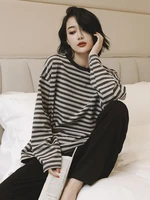 Fall Long Sleeve Sportswear Set Women Clothes Black Striped Tops Straight Pants Matching Suit Spring Print Casual Pajamas Outfit