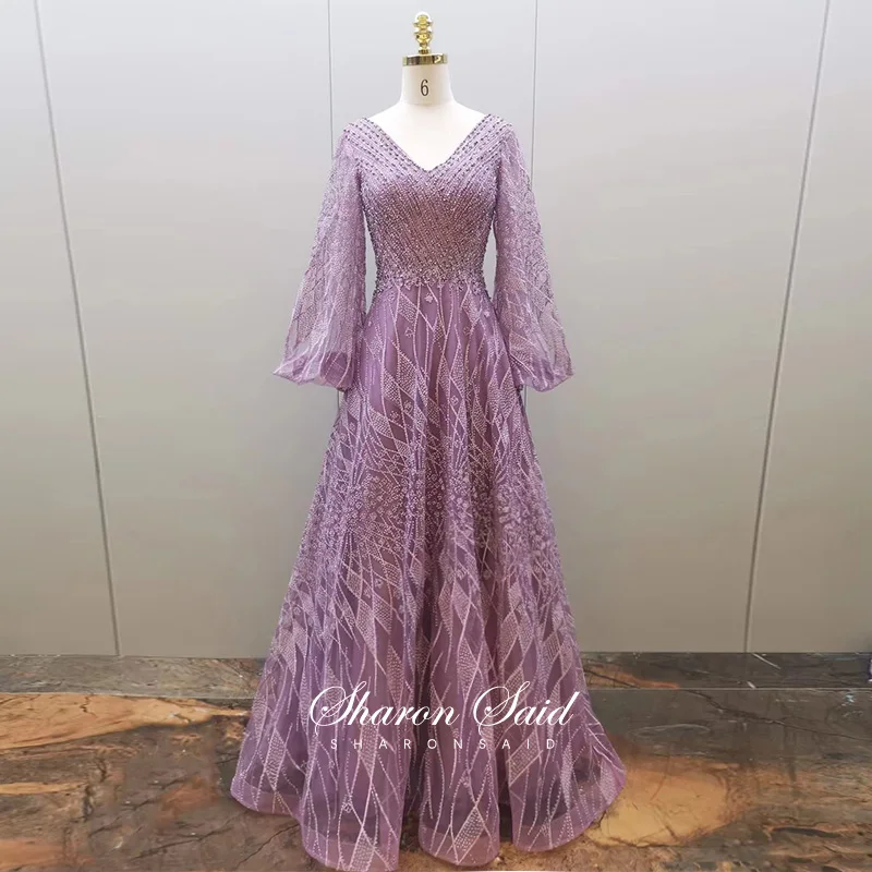 

Elegant V-Neck Long Sleeve Lilac Muslim Evening Dresses Plus Size Women Wedding Party Gowns 2022 Luxury Crystal Formal Dress