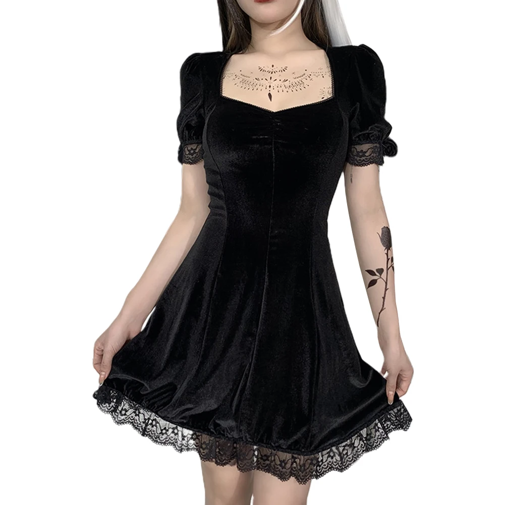 

Women Lace Solid Dress Sexy Elegant Vintage Square Neck High Waist Short Sleeve Suede Short Dress For Women 2023 Party Wear