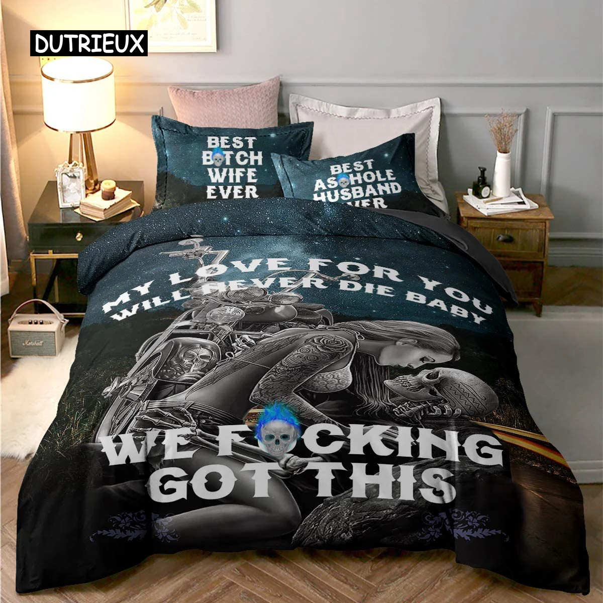 

3D Skull Duvet Cover Set King Size My Love for You Will Never Die Baby Printed Bedding Duvet Cover with Zipper Closure Ties