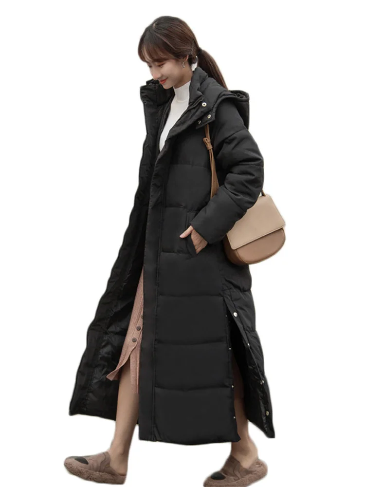 

Winter Coat Women Black Long Loose Hooded Cotton Coat 2022 New Fashion Side Button Split Green Beige Thick Warmth Parka Feminina