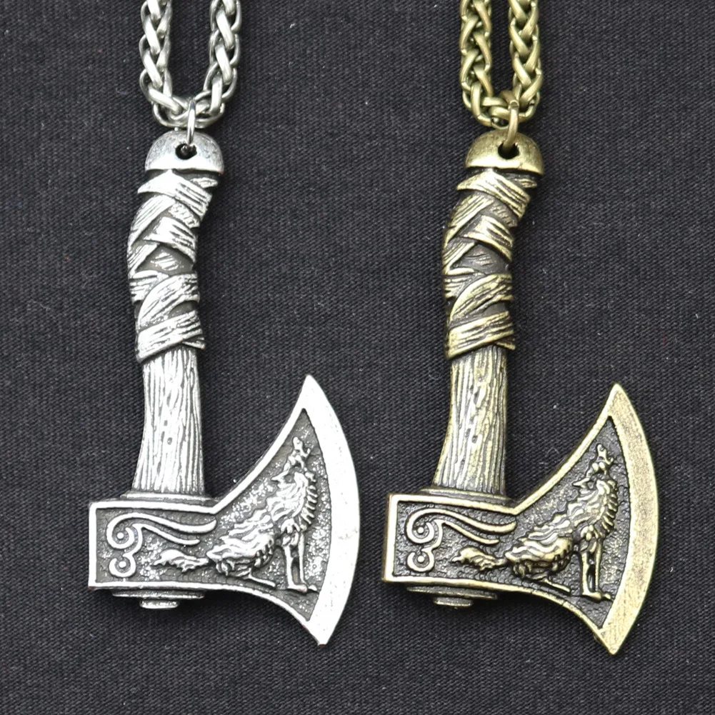 

New Men's Fashion Retro Viking Celtic Wolf Crow Double Sided Axe Pendant Necklace Punk Hip Hop Personality Jewelry Gift