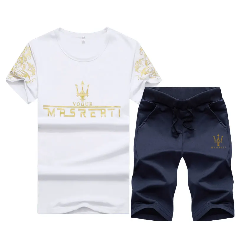 Summer Men's Set Short Sleeve T-shirt Set Fashion Print Maserati Pattern Sportswear Casual Top Shorts Breathable Sportswear