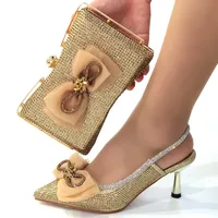 New Golden color Italian Shoes With Matching Bags African Women Shoes and Bags Set For Prom Party Summer Sandal Maure
