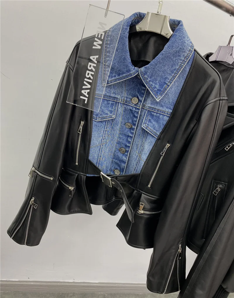 Runway Designer Sheepskin Genuine Leather Jacket Women Fashion Luxury Autumn Coats Patchwork Denim Real Leather Outwear Clothing