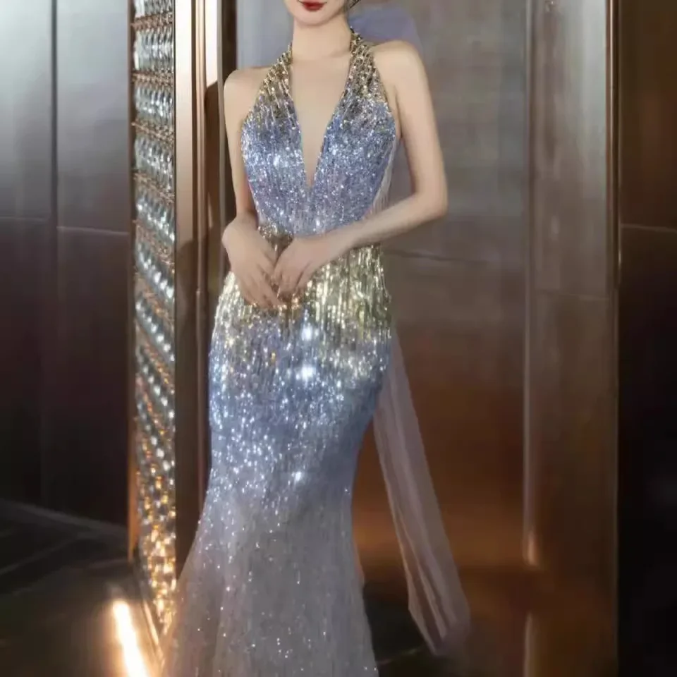 Женское вечернее платье-Ципао с глубоким V-образным вырезом и открытой спиной