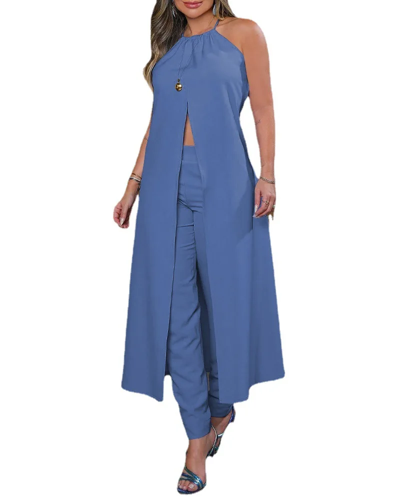 

2023 Spring and Summer Temperament Hanging Neck Sleeveless Solid Color Backless Loose Top High Waist Pants Suit Women
