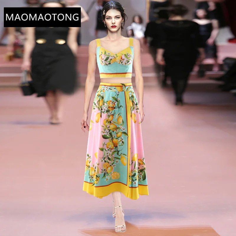 

Fashion Runway Summer Skirts Suit Women Short Spaghetti Strap Top＋Boho Floral Lemon Vacation Long Skirts 2 Pieces Set