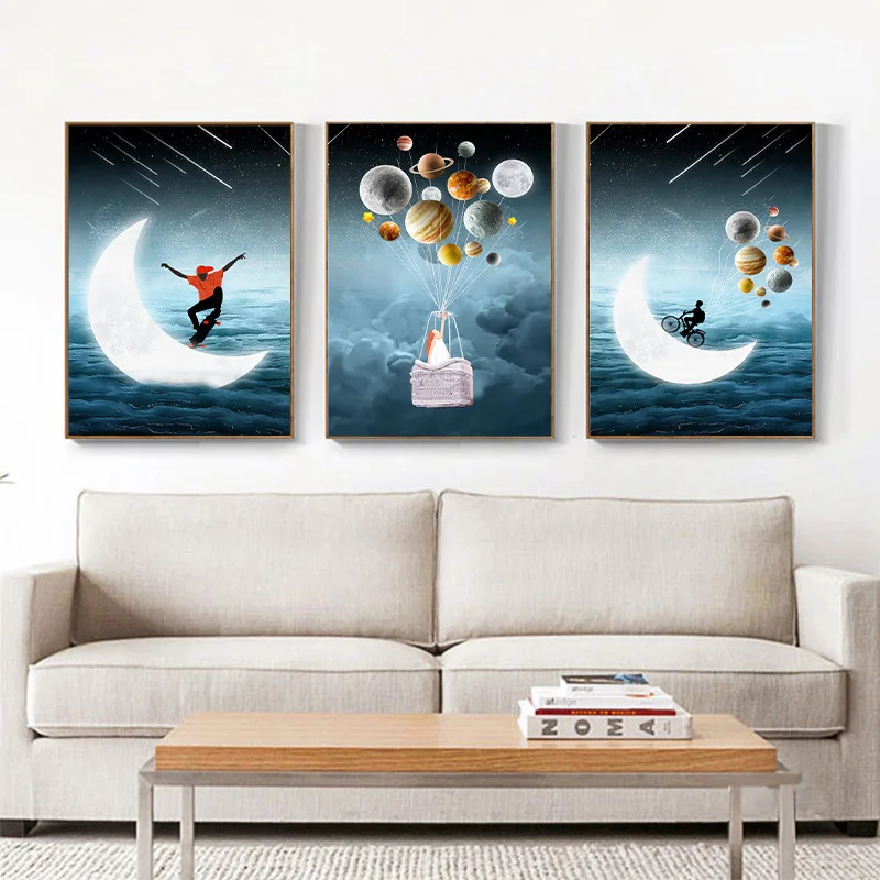 

Cartoon Balloon Moon Universe Living Room Children's Decorative Painting Inkjet Art Cute Nordic Style Core Wall