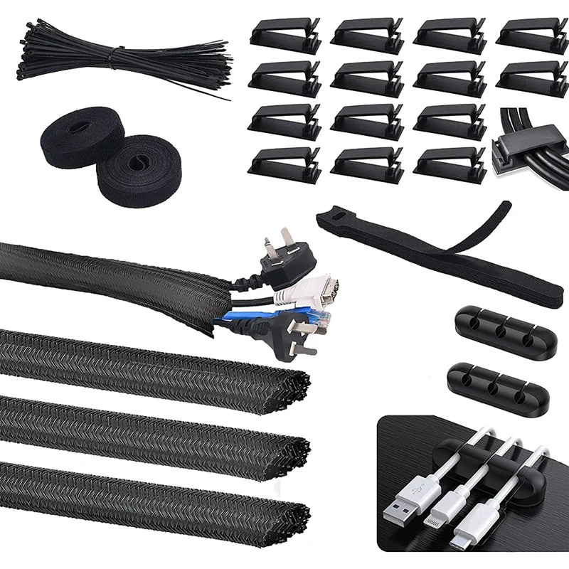 

134Pcs Cable Management Kit,Cable Tubing Sleeve Silicone Cable Holder Cable Organizer Straps Cord Clips And Wire Ties