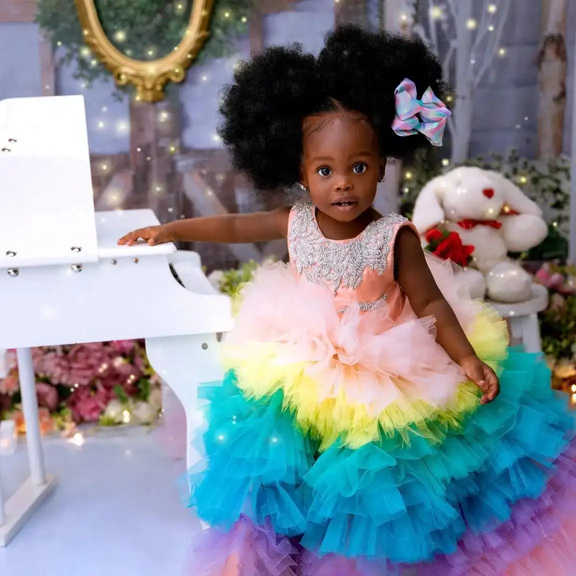 Красочные Радужные детские платья для дня рождения торт из бисера с цветочным