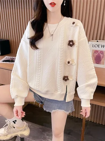 Early Autumn Round Neck Sweatshirt Women, Spring and Autumn Korean Style Loose Thin Flower Splicing Retro Sweatshirt Pullover Early Autumn Round Neck Sweatshirt Women, Spring and Autumn Korean Style Loose Thin Flower Splicing Retro Sweatshirt Pullover