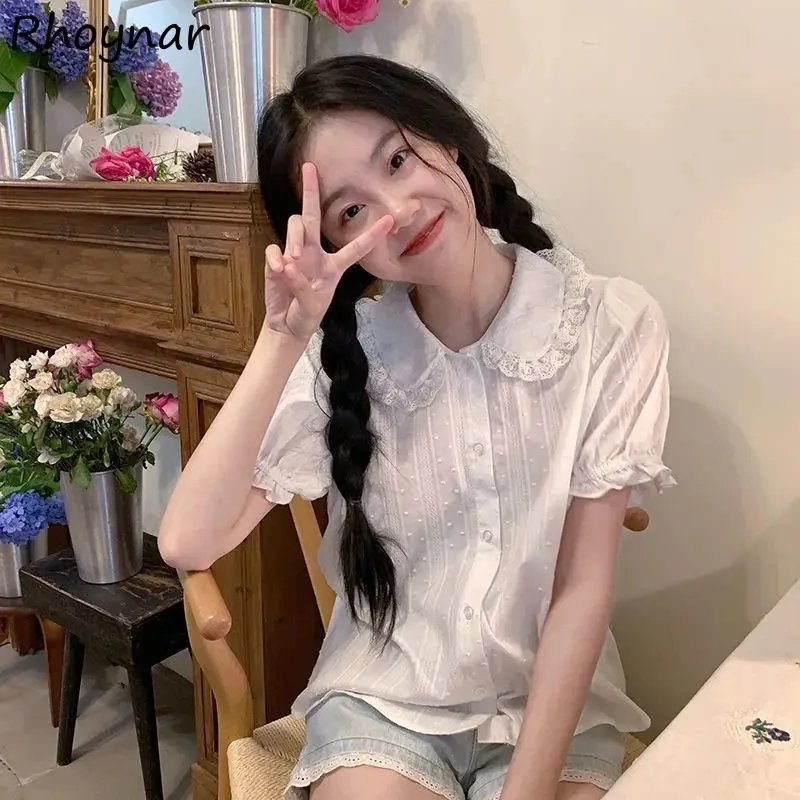 

Shirts Women Solid Simply Japanese Style Casual Fashion All-match College White Summer Peter Pan Collar Cute Daily Girl Popular