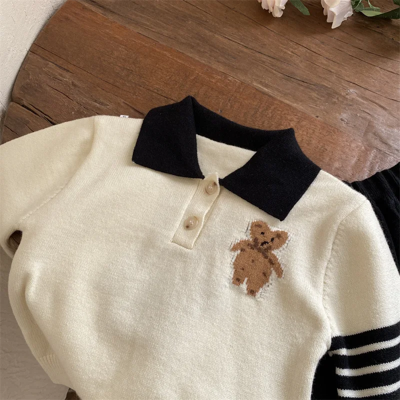 2022 Autumn Toddler Girls Cartoon Bear Sweater + Skirt 2 Pcs Set Spring Baby Girls Brand Pullovers Kids College Style Clothes