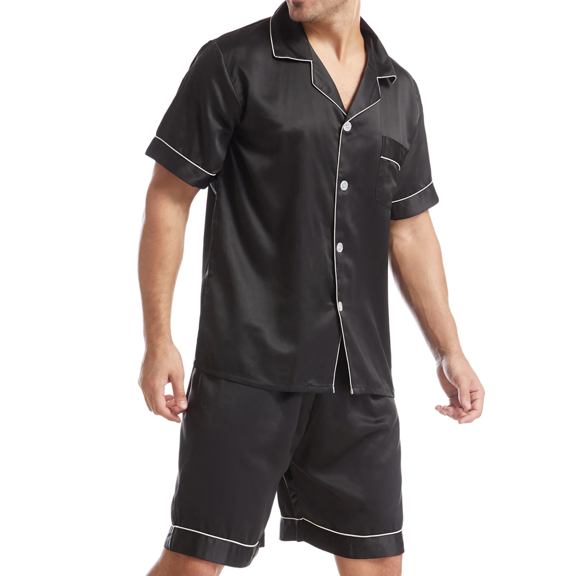 Men Silk Satin Pajamas Pyjamas Set Sleepwear Set Loungewear Short Sleeve Button T-Shirt Tops with Elastic Waistband Boxer Shorts