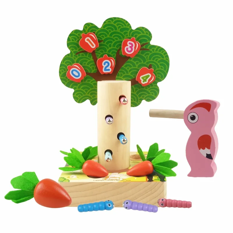 

Wooden Toys 3 In 1 Montessori Educational Digital Apple Tree Pecker Catching Insects Pulling Radish Scene Interactive House Toys