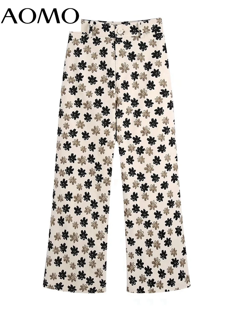 

AOMO Fashion Women Floral Print Suit Pants Trousers Vintage Style Pockets Buttons Office Lady Pants Pantalon BE104A