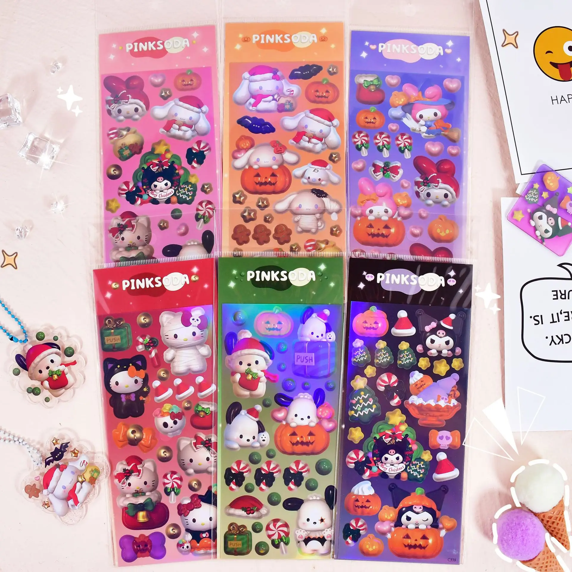 

Sanrio Flash Holographic Laser Sticker for Laptop Skateboard Guitar Pochacco Kuromi Kids Girls Toys Anime Scrapbook Party Card