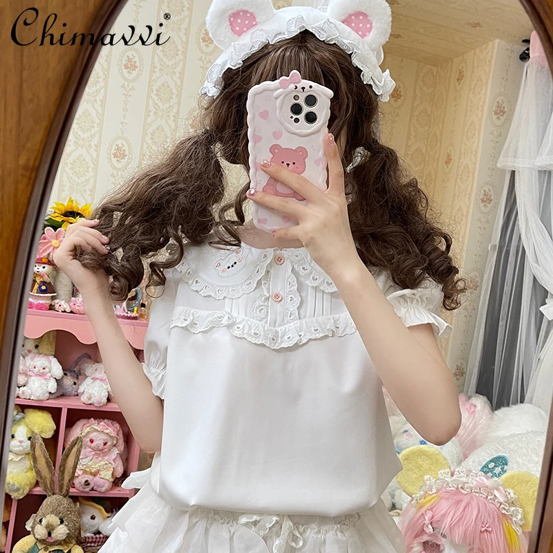 Японская хлопковая рубашка с вышивкой медведя для девочек кукольный воротник