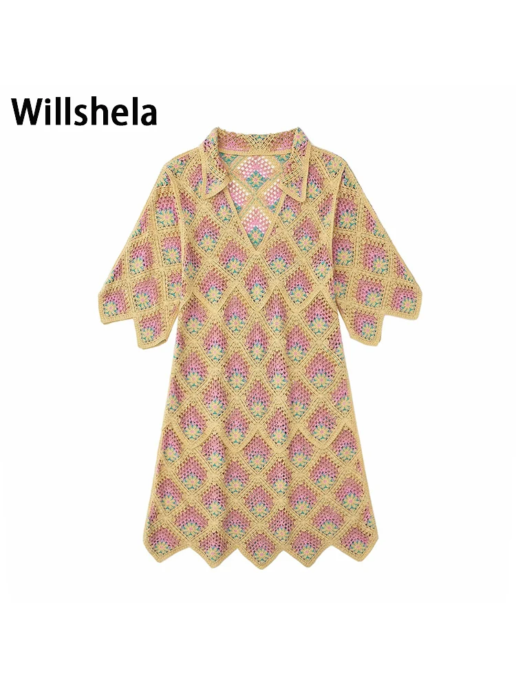 

Willshela женское модное открытое мини-платье с принтом, винтажные женские платья с v-образным вырезом и короткими рукавами