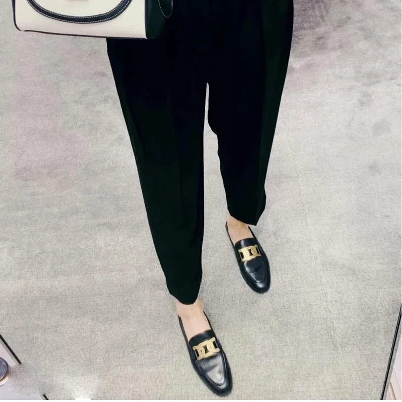 Single Shoes 2023 Autumn Buckle British Style Small Leather Shoes Women Retro One Pedal Flat Loafers