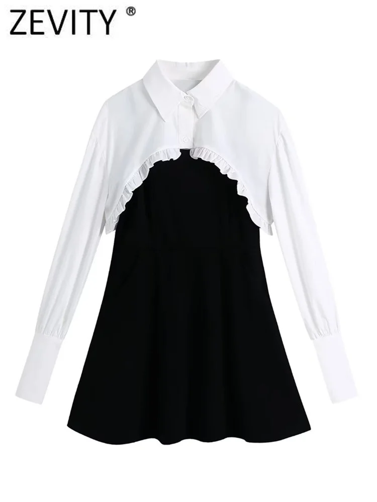 

Zevity 2022 женское модное агарическое Кружевное белое платье-рубашка, черное платье-слинг из двух частей, женские шикарные трапециевидные плат...