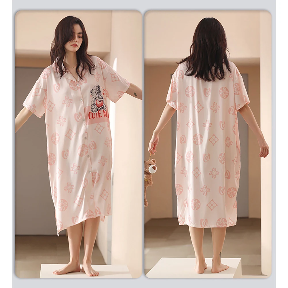 Sexy Woman Nightie V Neck Night Dress Silk Like Women's Pajamas Nightwear Cute Print Summer Satin Clothes Soft Dresses Nightgown