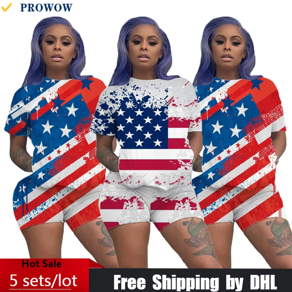 

American Flag Print 2 Pcs Set Women Wholesale Casual Matching Suit Short Sleeve Lady Tracksuit Independence Day Outfit Bulk 7922