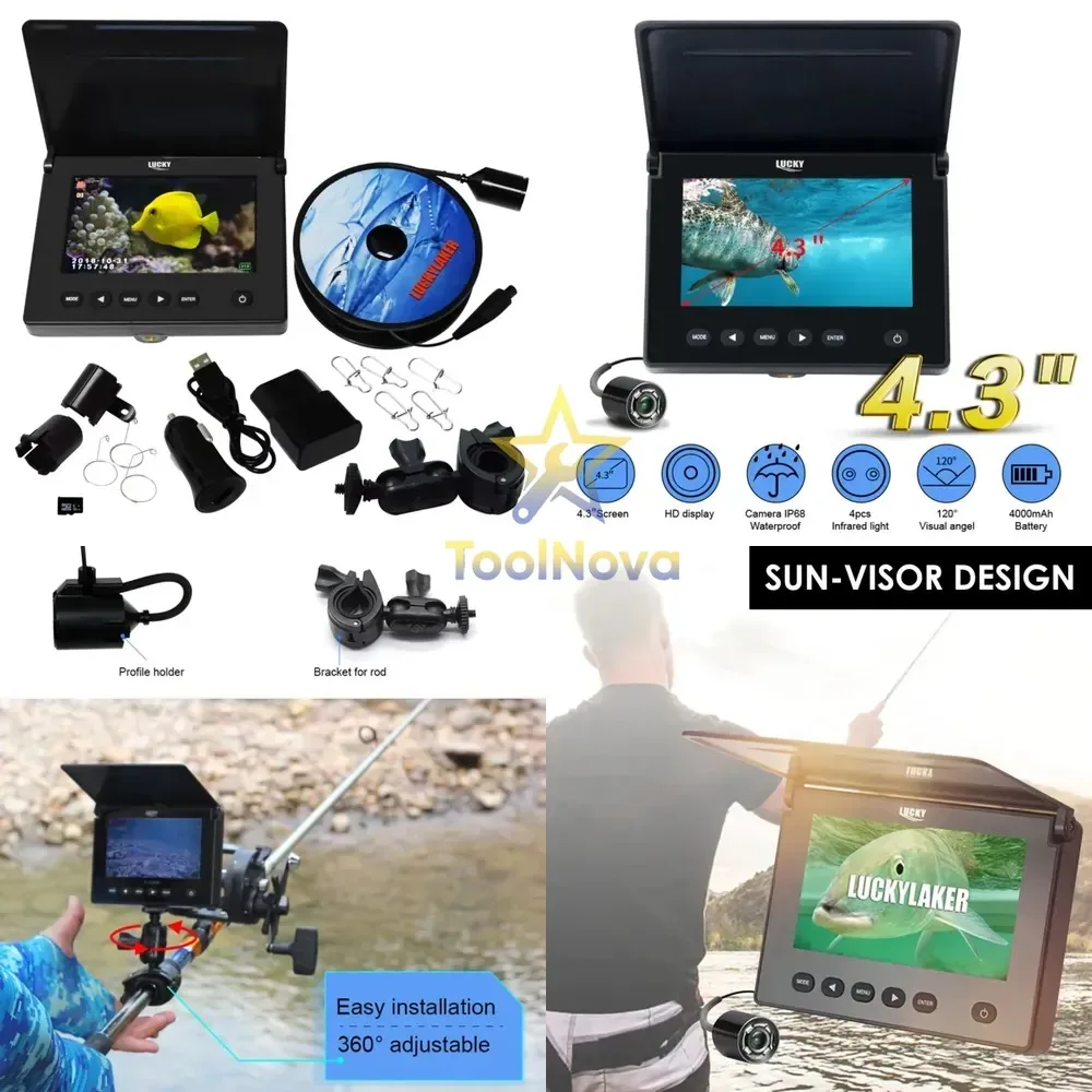Фото Подводная камера LUCKY HD IP68 с ночным видением 4-IR, кабелем 20 м, 4,3-дюймовым экраном, перезаряжаемая, с креплением на козырек, запись видео №1