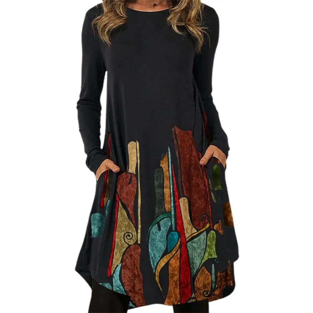 

Женское платье с круглым вырезом, Повседневное платье, женское среднее платье с цветочным принтом