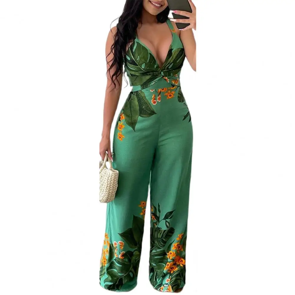 

Suspenders Sleeveless Jumpsuit Leaves Flower Print Deep V Back Zipper Jumpsuit Twist Sling Jumpsuit