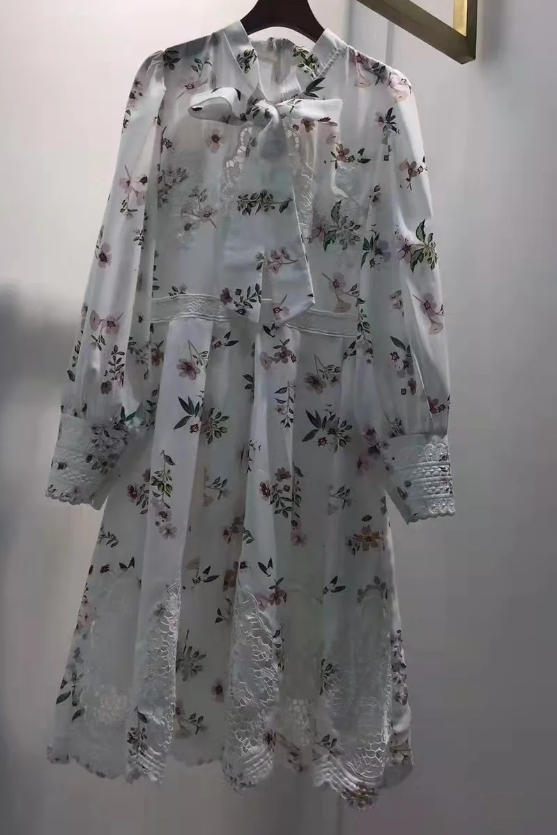 

Bow Tie Elegant Dress 2022 Autumn Style Women Charming Floral Print Lace Embroidery Patchwork Long Sleeve White Wine Red Dress