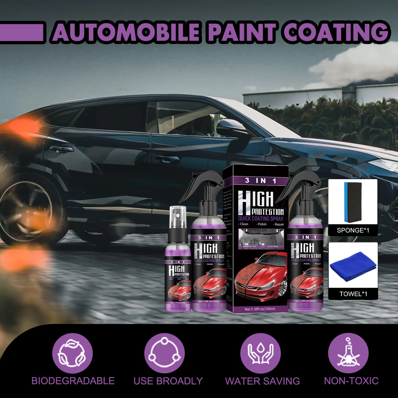 Car Wax Polish Spray Coat Polish Polymer Paint Spray Waterless Wash Wax Hydrophobic Spray Effective on External Solid Surface