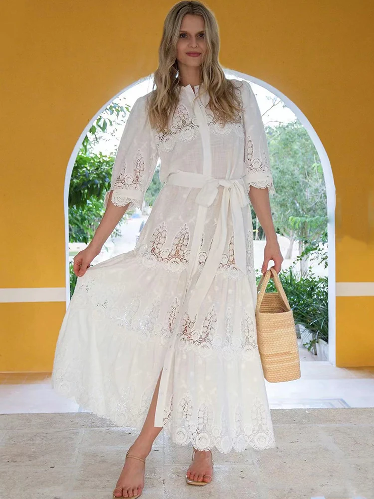 

Винтажное кружевное платье с отложным воротником и вышивкой, с вырезами, на шнуровке, женская новая летняя мода, свободная трапециевидная юбка с широким подолом