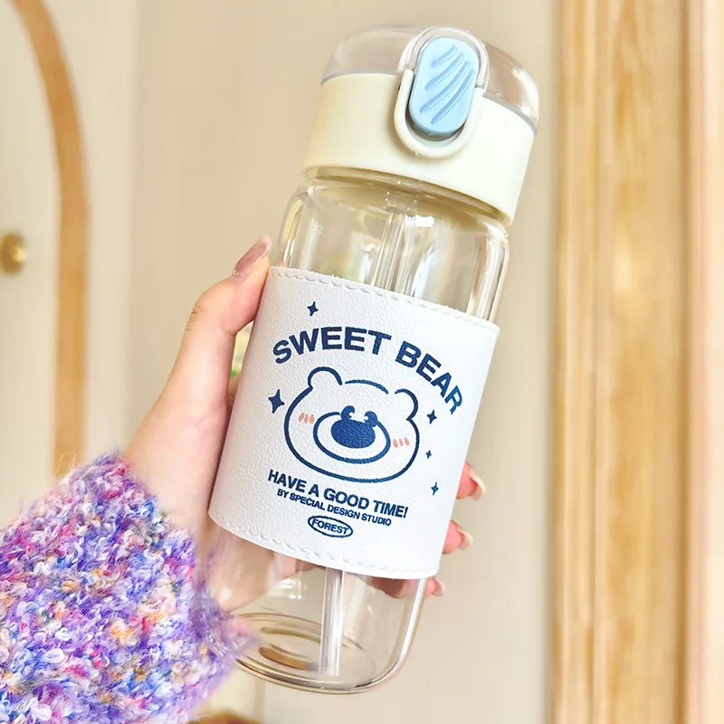 

450ML Glass Water Bottle Cartoon Bear Summer Student Drinking Bottle Leak-proof Juice Milk Coffee Water Cup Straw Cup