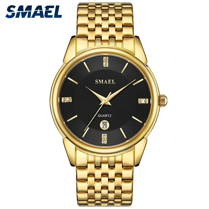 

SMAEL Men Watches Gold Tone Stainless Steel Band Quartz Watch Black Dial Date Display Waterproof Fashion Wristwatches 9026