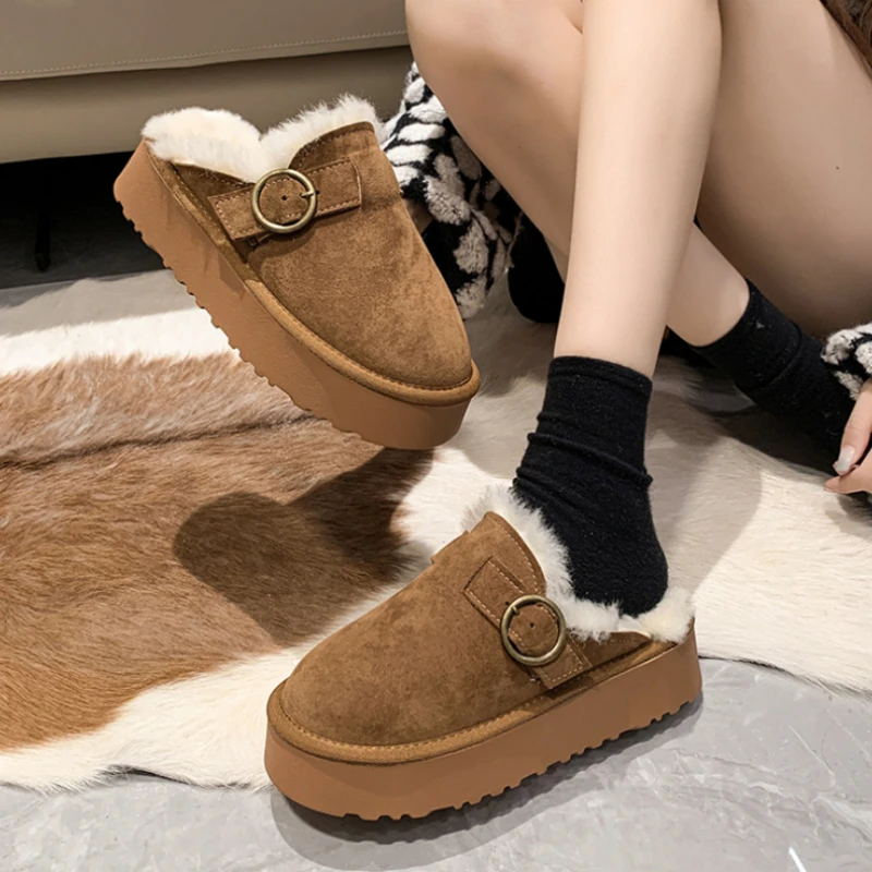 

Women Thicken Plush Fur Slippers Winter 2022 Slip on Chunky Platform Loafers Mules Woman Thick Bottom Cotton Slippers Flip Flops