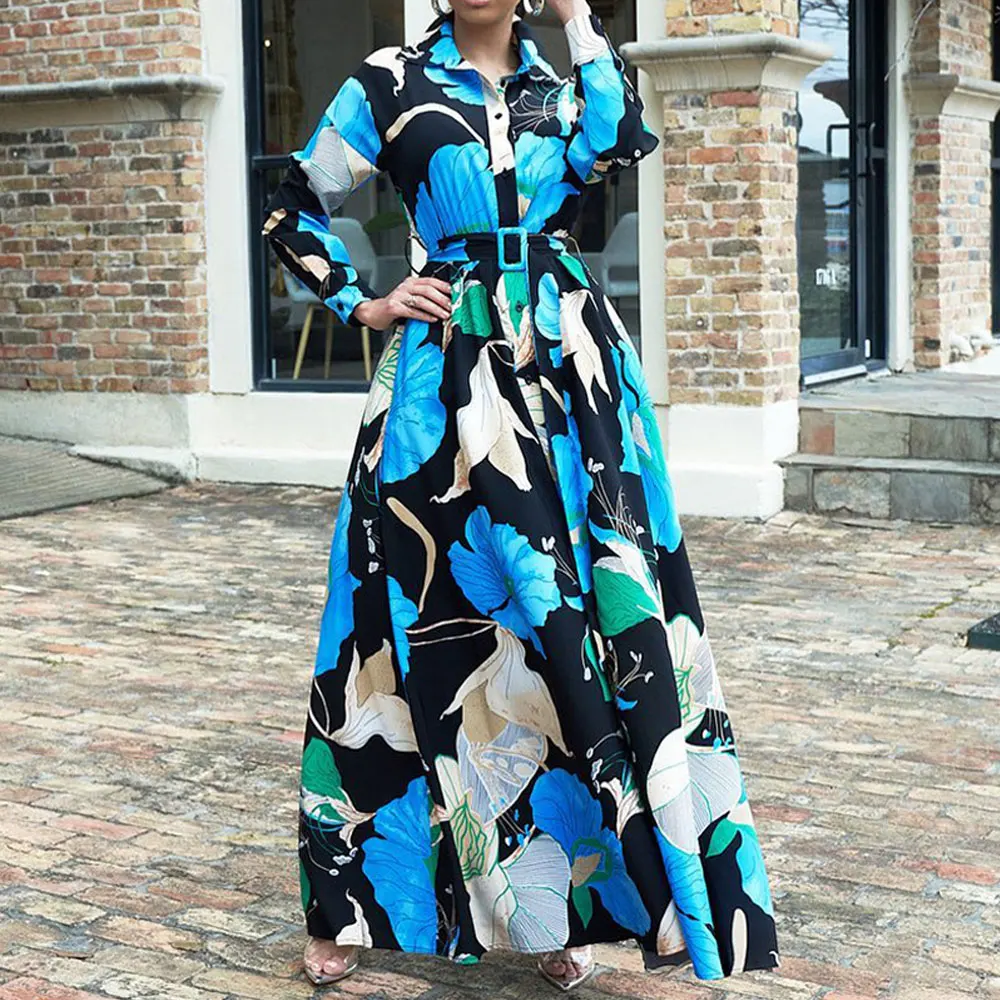 

Женское Повседневное платье с длинным рукавом, разноцветное свободное платье с цветочным принтом и поясом, весна-осень, MA101