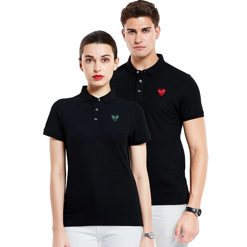 Men Women POLO Shirt Cotton Heart Eyes Embroidery Lapel Button Pullovers Loose Solid Couple Summer Shirts |