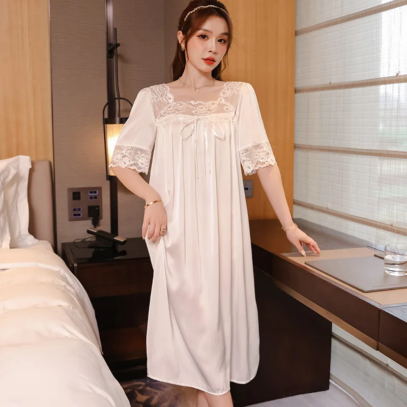 

Элегантная кружевная ночная рубашка, халат, шелковая атласная одежда для сна, женская ночная рубашка с коротким рукавом, ночная сорочка с квадратным вырезом, домашняя одежда