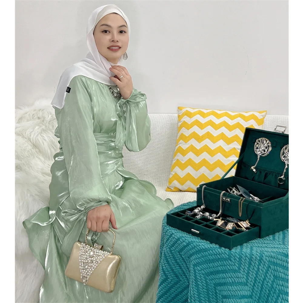 Рамадан Дубай, искусственная мусульманская одежда, Атласный халат, бандажный кафтан, платье, исламский кафтан, Открытый спереди, арабское п...