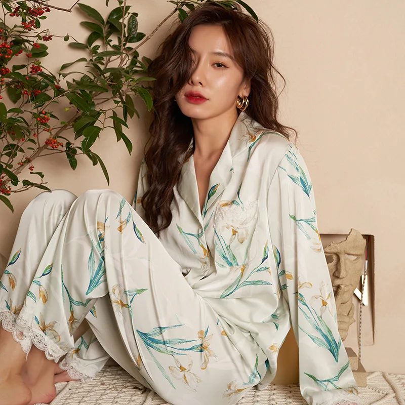 Women's Pajamas Sets Satin Print Sleepwear Spring Summer French Style Lace Cuff Trousers Long Sleeve Fashion Casual Home Suit